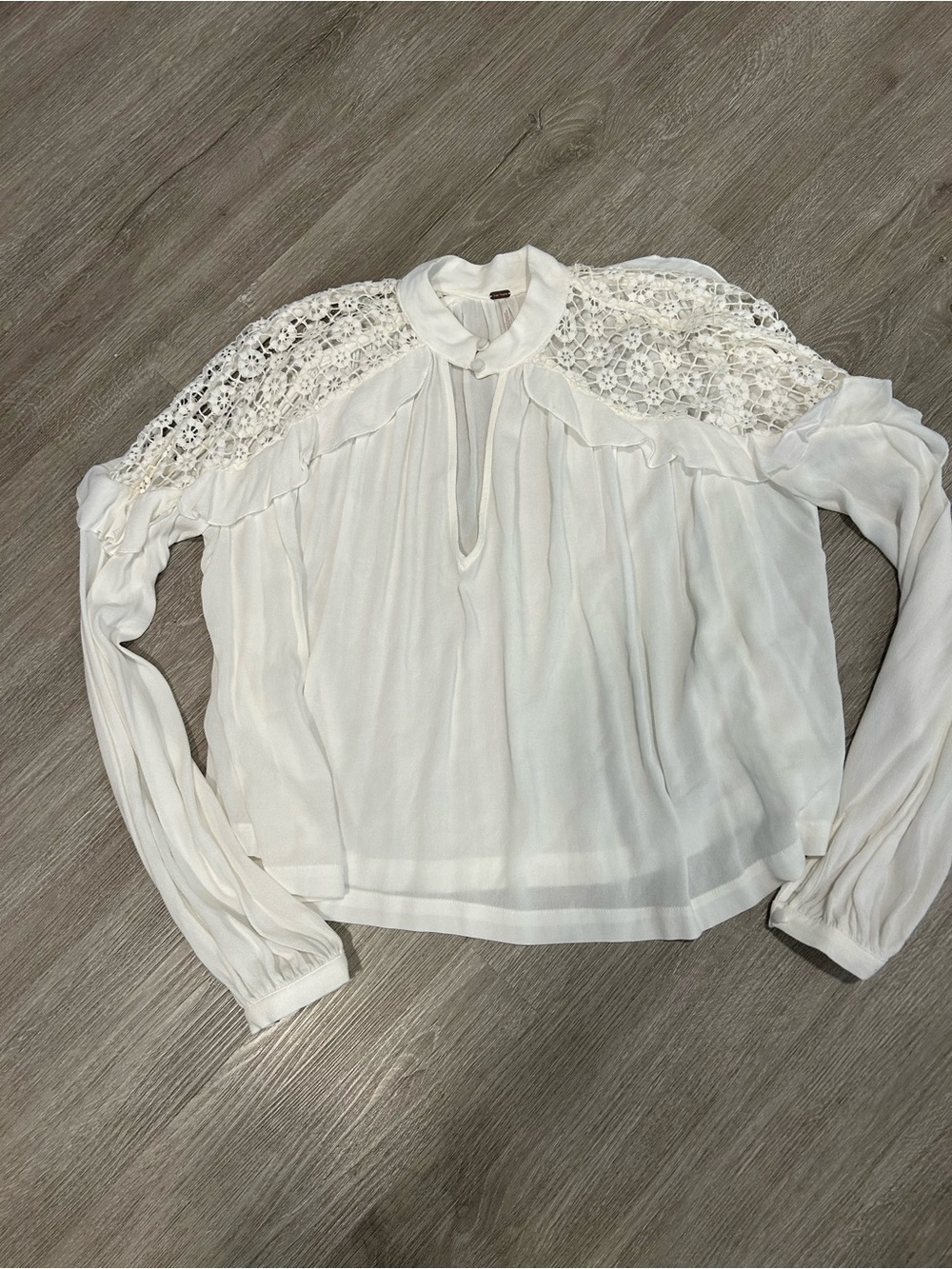 Free People Ivory Crochet-Yoke Long Sleeve Blouse